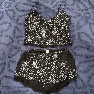 Black and Silver Heart Print Cami and Shorts Set